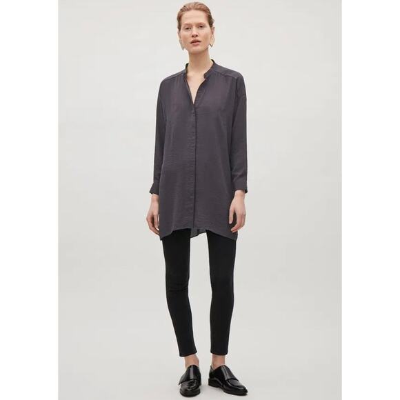 EUC COS Long Oversized Shirt Tunic Charcoal Gray Size 2 Minimalist High-Low Top - Picture 1 of 16